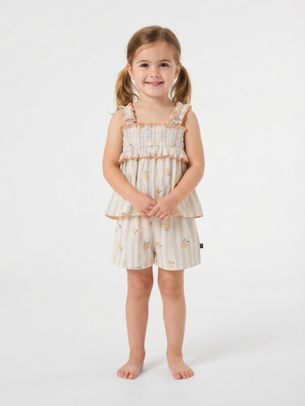 Girls Cream & Peach Striped Floral Matching Set